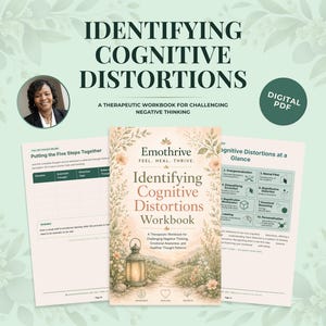 Puede incluir: Un libro de ejercicios digital titulado Identifying Cognitive Distortions con una portada que muestra una linterna e ilustraciones florales. Incluye páginas para aplicar cinco pasos y una guía de referencia sobre distorsiones cognitivas.