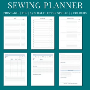 May include: A sewing planner with the text "SEWING PLANNER" at the top. The planner includes pages for index, sewing goals, finished projects, pattern details, project information, and sewing notes. The planner is available in PDF format, A5, and half-letter spread, with 3 colours.