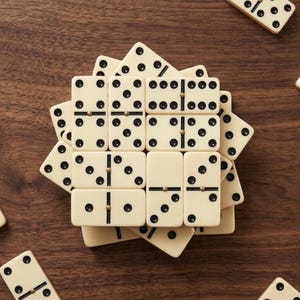 Può includere: Una collezione di tessere del domino color bianco sporco con punti neri e piccoli perni metallici color ottone al centro di ogni tessera. Le tessere rettangolari sono disposte in un motivo a strati a forma di stella.