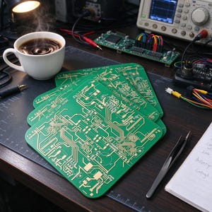 Può includere: Una pila di sottobicchieri quadrati verdi con un motivo a circuito stampato color oro e la scritta "PLACE CUP HERE" in bianco. I sottobicchieri sono disposti su una superficie scura accanto a componenti elettronici e una tazza bianca.
