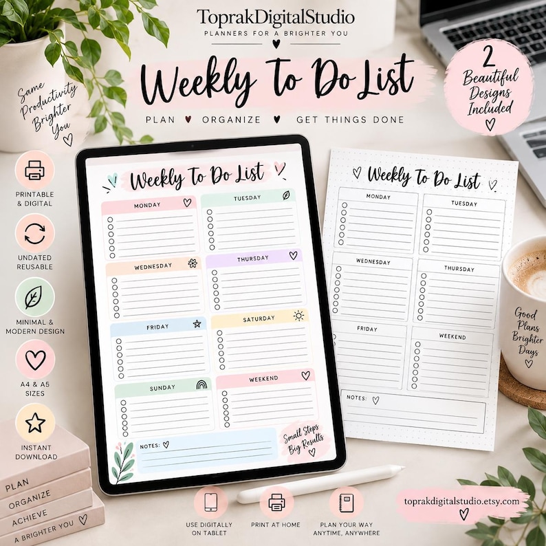 Weekly to Do List Printable, A4 & A5 PDF, Minimalist Task Planner ...