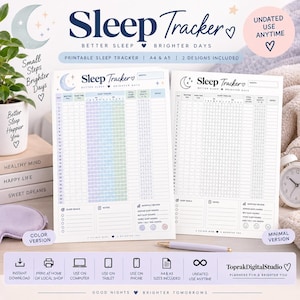 Könnte beinhalten: Zwei druckbare Schlaf-Tracker-Blätter in A4 und A5, bestehend aus einer Farbversion und einer minimalistischen Version. Jedes Blatt enthält Abschnitte für Schlafenszeit, Aufwachzeit, einen Schlaf-Zeitstrahl, Gesamtschlafstunden, Qualität und Notizen.