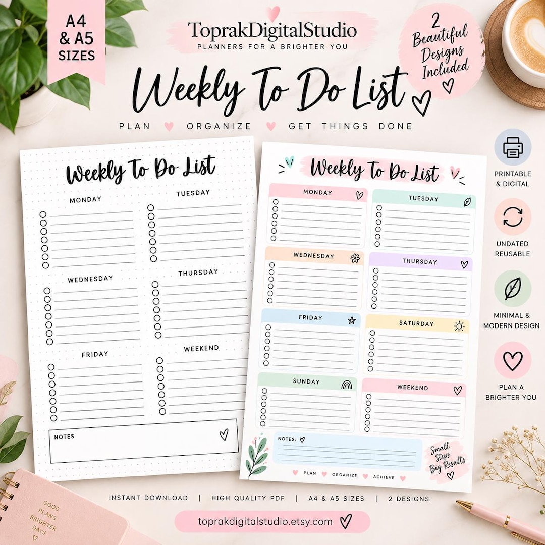 Weekly to Do List Printable, A4 & A5 PDF, Minimalist Task Planner ...