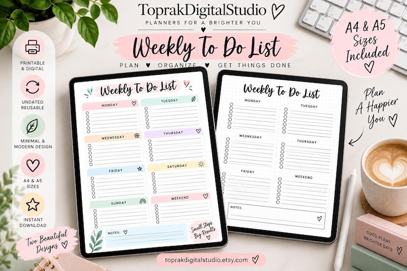Weekly to Do List Printable, A4 & A5 PDF, Minimalist Task Planner ...