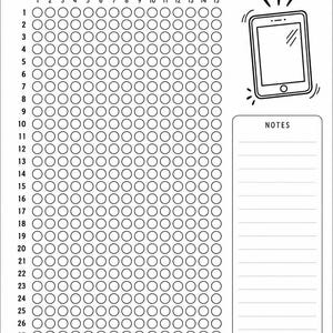 Peut inclure: Une feuille imprimable de suivi du temps d'écran en noir et blanc avec une grille de cercles pour 31 jours et 15 heures, une icône de tablette, une section de notes et le texte Small Steps Big Balance en bas. La mise en page est épurée.