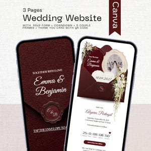 May include: Two smartphones displaying a 3-page wedding website template. The screens show a deep burgundy envelope design, floral accents, and text including "Emma & Benjamin," "Save The Date," and a countdown timer. The interface includes an RSVP button.
