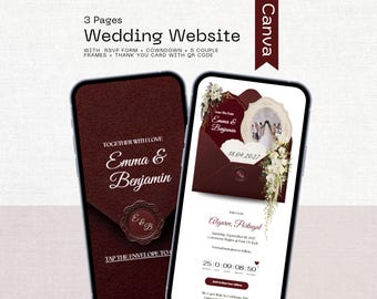 Red Save The Date Website Template Canva Wedding Site Digital Invitation RSVP Countdown Romantic Wedding