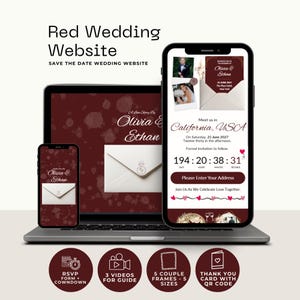 May include: A digital red wedding website template displayed on a laptop and two smartphones. The screens feature the names Olivia and Ethan, a countdown timer, event details for California, USA, and an envelope graphic. Four circular icons below.