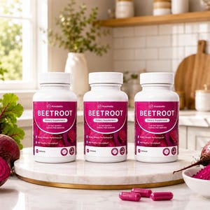 May include: Three white plastic bottles of Rosabella Beetroot dietary supplement with magenta labels. Each bottle features the text Beetroot, 30 Day Supply, 1000mg Per Serving, and 60 Capsules. Three magenta capsules lie on the surface in front of the bottles.