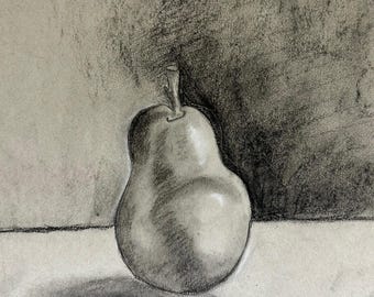 ORIGINAL, Boceto de pera a carboncillo, Dibujo de pera, NO ES UNA IMPRESIÓN, Sin marco, Arte frutal