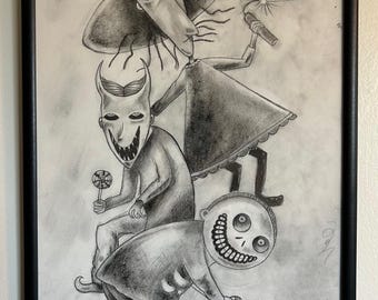 ORIGINAL, Trick or Treater's Charcoal Drawing, Pencil Sketch, NOT A PRINT, Nightmare Before Christmas