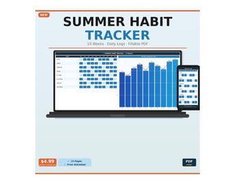 Sommer Habit Tracker Printable | 10-Wochen tägliches Gewohnheit-Tagebuch | Ausfüllbares PDF | Sofort Download