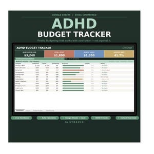 K&ouml;nnte beinhalten: Ein digitaler ADHD Budget Tracker mit dunkelgr&uuml;nem Hintergrund. Der Tracker zeigt Finanzdaten an, einschlie&szlig;lich monatlichem Einkommen, Gesamtausgaben, Ersparnissen und einem Prozentsatz. Der Text "ADHD BUDGET TRACKER" ist deutlich sichtbar.