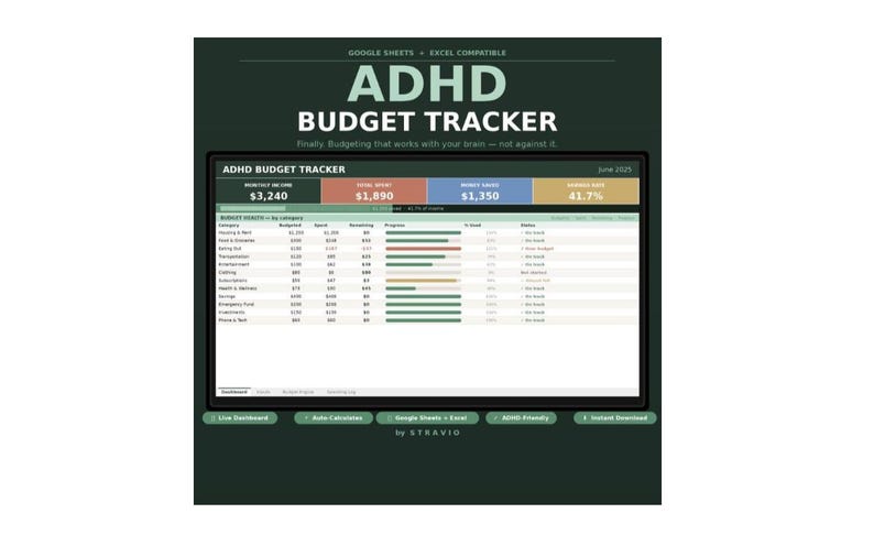 K&ouml;nnte beinhalten: Ein digitaler ADHD Budget Tracker mit dunkelgr&uuml;nem Hintergrund. Der Tracker zeigt Finanzdaten an, einschlie&szlig;lich monatlichem Einkommen, Gesamtausgaben, Ersparnissen und einem Prozentsatz. Der Text "ADHD BUDGET TRACKER" ist deutlich sichtbar.