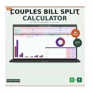 May include: A laptop screen displays a couples bill split calculator interface. The screen shows charts, tables, and the text "COUPLES BILL SPLIT CALCULATOR". The image includes the text "Fair bills. No arguments. Any income."