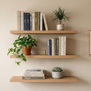 May include: Three light wood floating shelves mounted on a wall, holding various books with spines labeled Design, Calm, Flora, and Nature, along with three potted green plants and a framed abstract art print with brown and beige geometric shapes.