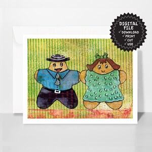 Può includere: Un biglietto di auguri con un'illustrazione stravagante di due figure simili a omini di pan di zenzero che si tengono per mano. La figura maschile indossa una camicia blu, pantaloni neri e un cappello. La figura femminile indossa un vestito verde. Lo sfondo è verde e giallo strutturato.