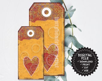 24 Etiqueta de corazón amarillo vintage, Amarillo con etiqueta de corazón rojo, Etiqueta de corazón imprimible, Etiqueta de regalo de corazón