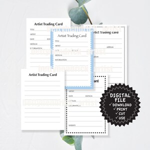 May include: A collection of white artist trading cards with a light blue border and text. The cards include fields for title, artist, date, medium, and information. A black and white digital file graphic is also present.