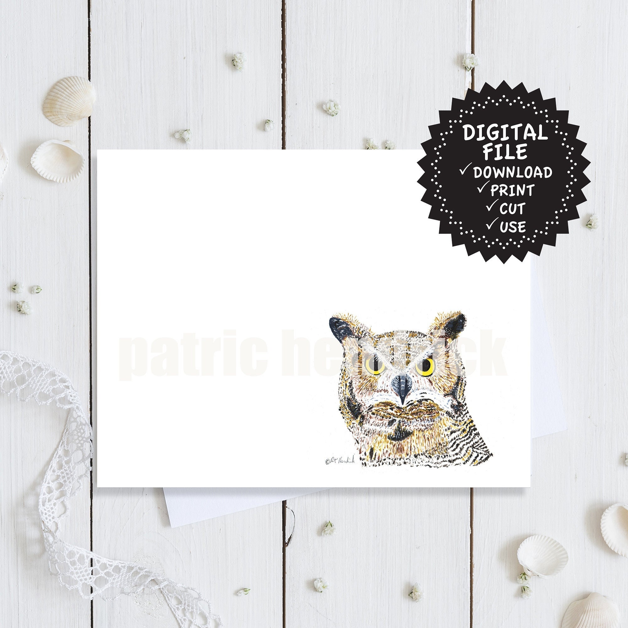 Horned Owl Note Card Printable, Horned Owl Note Card, Horned Owl Art Card, Printable Envelope