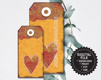 24 Etiqueta de corazón amarillo, Amarillo con etiqueta de corazón rojo, Etiqueta de corazón imprimible, Etiqueta de regalo de corazón