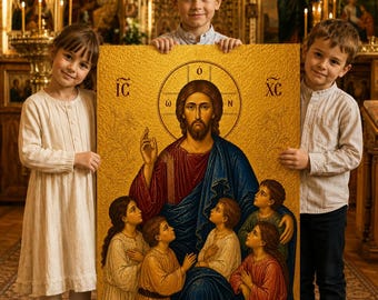 Christ Blessing the Children Orthodox Icon, Christian Nursery Printable Wall Art