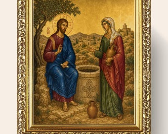 Samariterin am Brunnen Wandkunst | Christus und die Samariterin | Byzantinisch-Orthodoxe Ikone | Digitaler Download
