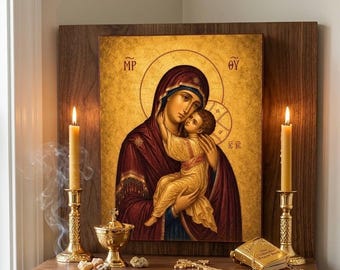 Theotokos Eleousa Icon Print | Mother of God Orthodox Byzantine Wall Art | Tenderness Icon | Digital Download