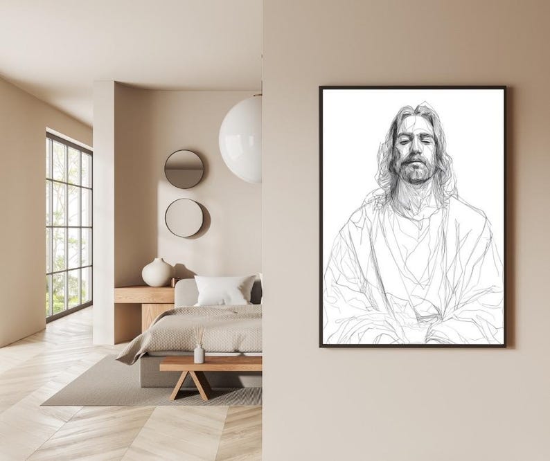 Jesus Portrait Line Art Print | Minimalist Christian Digital Wall Art ...