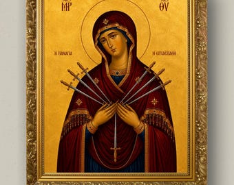 Theotokos Seven Sorrows Icon Print | Mother of God Orthodox Wall Art | Byzantine Christian Decor | Digital Download