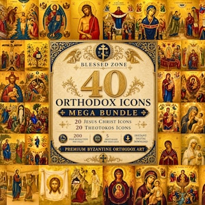 Puede incluir: Una colección digital titulada Blessed Zone 40 Orthodox Icons Mega Bundle, que incluye 20 iconos de Jesucristo y 20 iconos de la Theotokos. El texto central destaca 200 archivos PDF de alta resolución, 5 tamaños de PDF listos para imprimir.