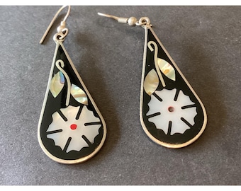 Vintage Mexican Alpaca  Silver And  Inlaid Earrings