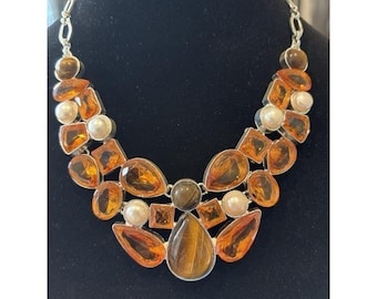 Tigers Eye, Citrine And Pearl Handmade Statement Necklace