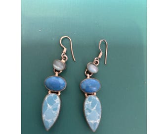 Blue Turquoise And Lariman Vintage Sterling Silver Handcrafted Earrings