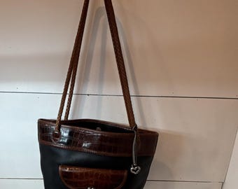 Brighton Vtg Black Brown Shoulder Bag with Heart Accents Braided Leather Strap