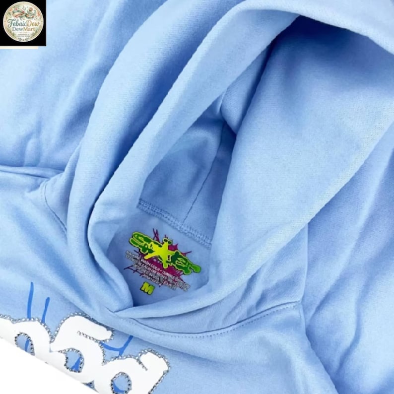 May include: A light blue hoodie with a hood and a kangaroo pocket. The hoodie has a graphic on the inside of the hood and a design on the front. The size is medium.