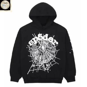 Pode incluir: Moletom preto com um design de teia de aranha branca e o texto "sp5der". O gr&aacute;fico est&aacute; centralizado na frente. O moletom tem capuz com cord&atilde;o e mangas compridas.