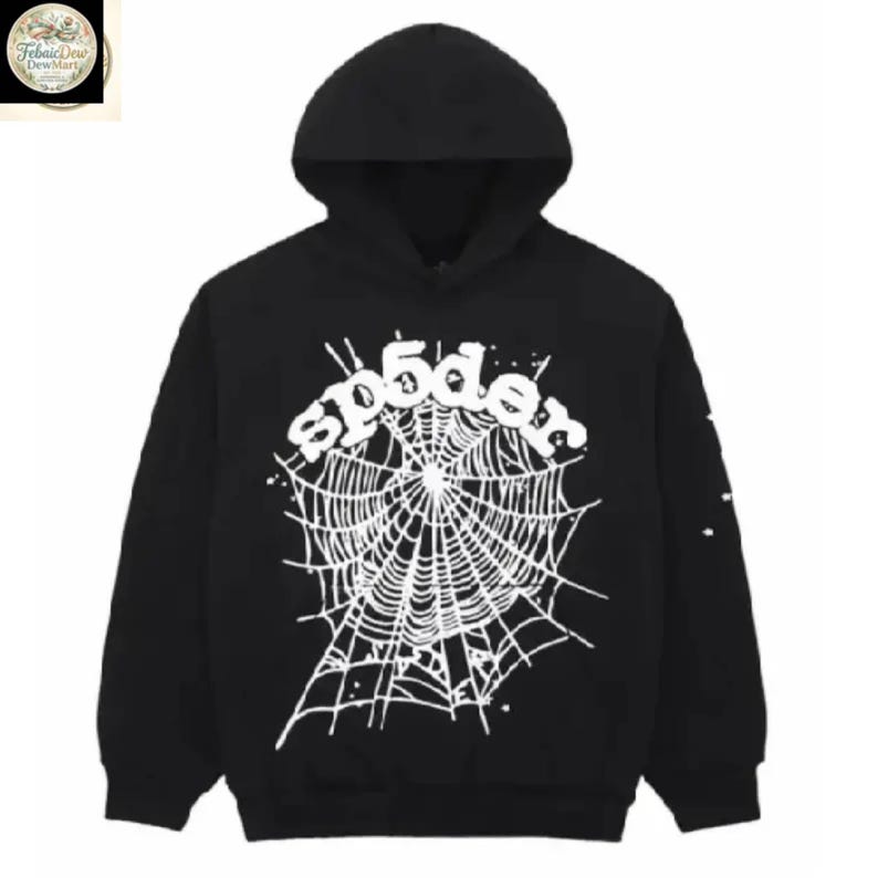 Pode incluir: Moletom preto com um design de teia de aranha branca e o texto "sp5der". O gr&aacute;fico est&aacute; centralizado na frente. O moletom tem capuz com cord&atilde;o e mangas compridas.