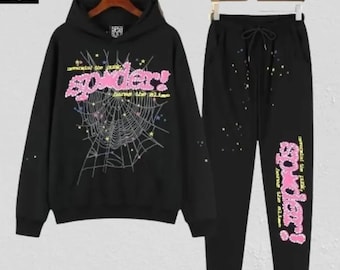 Tuta rosa Sp5der nera // Felpa con cappuccio e pantaloni da jogging Spider // Tuta unisex streetwear Y2K
