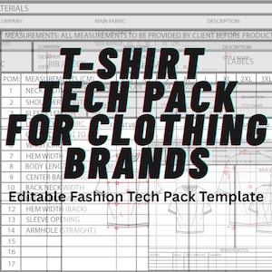 May include: A detailed T-shirt tech pack template for clothing brands. The document includes sections for measurements, fabric details, and design specifications. The text "T-SHIRT TECH PACK FOR CLOTHING BRANDS" is prominently displayed.