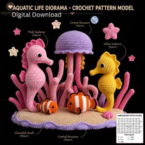 May include: A crochet aquatic diorama pattern model featuring a pink seahorse, a yellow seahorse, two clownfish, and a purple jellyfish on a tan base. Text includes AQUATIC LIFE DIORAMA - CROCHET PATTERN MODEL, Digital Download, and AMIGURUMI STITCH GUIDE.