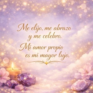 Puede incluir: Un gráfico digital con un fondo bokeh en tonos lavanda y dorado que presenta el texto: Me elijo, me abrazo y me celebro. Mi amor propio es mi mayor lujo. La imagen incluye una vela encendida, flores rosas y cristales de color púrpura.