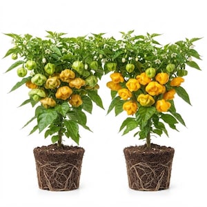 May include: Two potted pepper plants with exposed root balls and dark soil. The plants feature vibrant green leaves, small white flowers, and numerous lantern-shaped chili peppers in varying shades of bright yellow and light green.