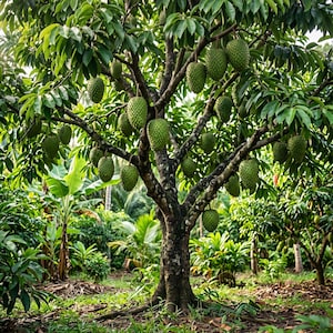 May include: A lush soursop tree laden with numerous green, spiky fruits. The tree's trunk is brown and textured, with branches reaching out to display the large, oval-shaped fruits. The background features dense green foliage and other trees.