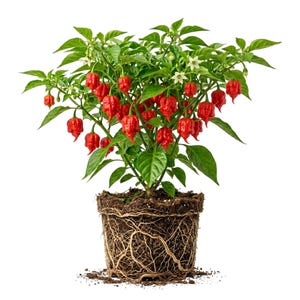 May include: A potted Carolina Reaper pepper plant with vibrant green leaves and numerous bright red peppers. The plant is in a rustic pot, showcasing its root system. White flowers are also visible.