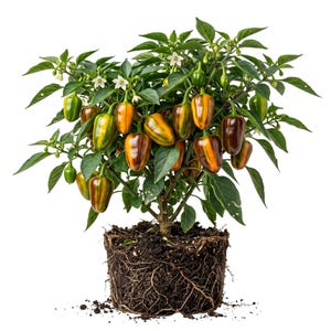 May include: A potted pepper plant with green leaves and multiple peppers in various stages of ripeness. The peppers transition from green to yellow and orange, with some turning brown. The plant is in a pot with visible roots and soil.