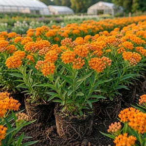 May include: A cluster of Asclepias tuberosa plants, commonly known as butterfly weed, featuring vibrant orange flower heads and green lance-shaped leaves. The plants are shown with exposed root balls sitting in dark soil within a nursery field.