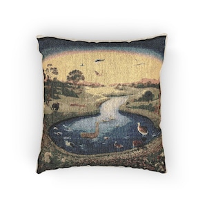 Vintage Tapestry Pond Scene Woven Pillow | Ducks, Scenic Landscape