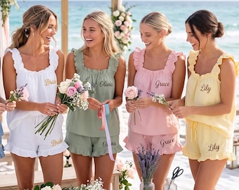Custom Bridesmaid Pajama,Wedding Party Sleepwear,Personalized Ruffle Pajama Set,Bridal Party PJ Set,Embroidered Name Pajama Set,Wedding Gift