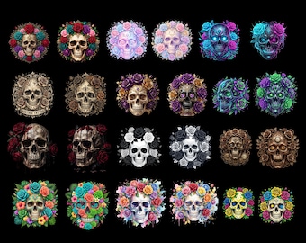 Floral Sugar Skull Clipart, Colorful Gothic Digital Art Bundle (Instant Download)